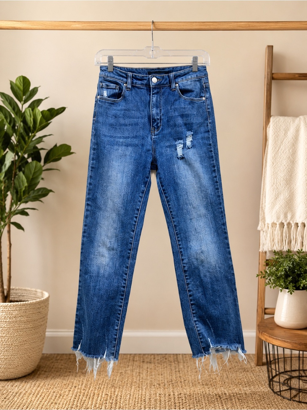 Risen Jeans Size 7/28 Distressed Raw Hem Ankle Skinny Crop Stretch Denim